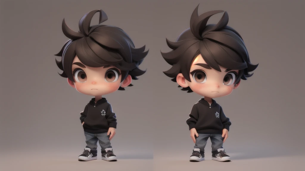 Make a boy chibi with black pullover, dark brown eyes, texture crop style hair.