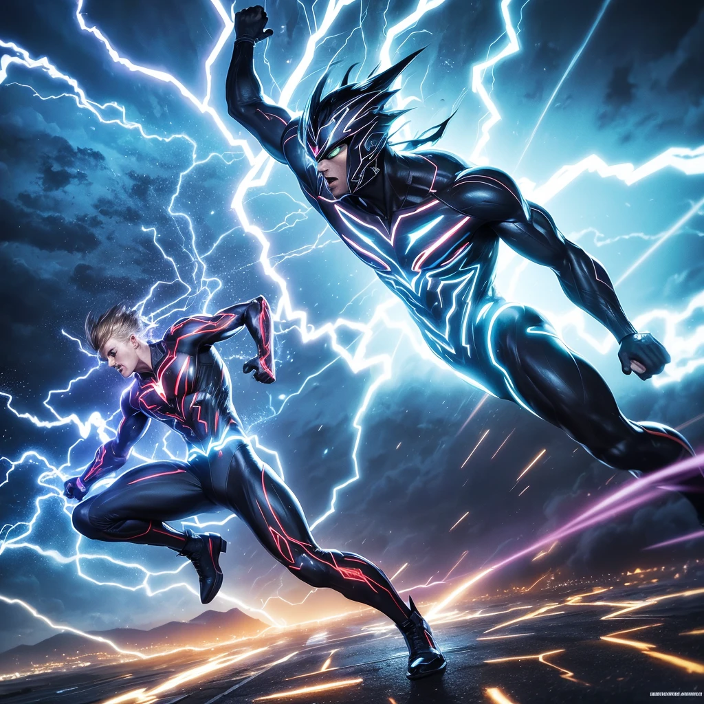 super fine illustration, top quality, lightning bolt, rapid movement, dynamic pose, powerful energy, electrifying atmosphere, glowing effects, stormy background, vibrant colors, dramatic lighting, intense action, speed lines, modern fantasy style, high contrast, mid-action shot