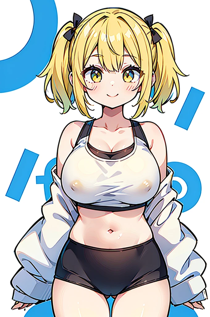 (Twin tails,Short Hair,Yellow Hair),((Big Tits,Girl,Lori)),(Tank top,Belly button,Low rise,)White background,Standing posture,Provocative smile