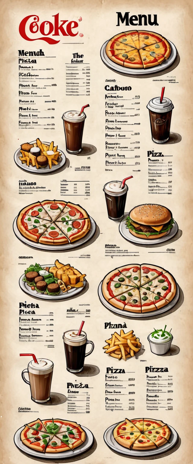 illustration of a restaurant menu, first picture: in the middle the word "menu" in big letters, in the corners of the picture burger, pizza, cappuccino, carbonated drink, hot dock, closed pizza,
second picture of the menu: dishes are arranged in staggered order: assorted pizzas, their names and prices, French fries, nuggets and prices, sodas (coke).