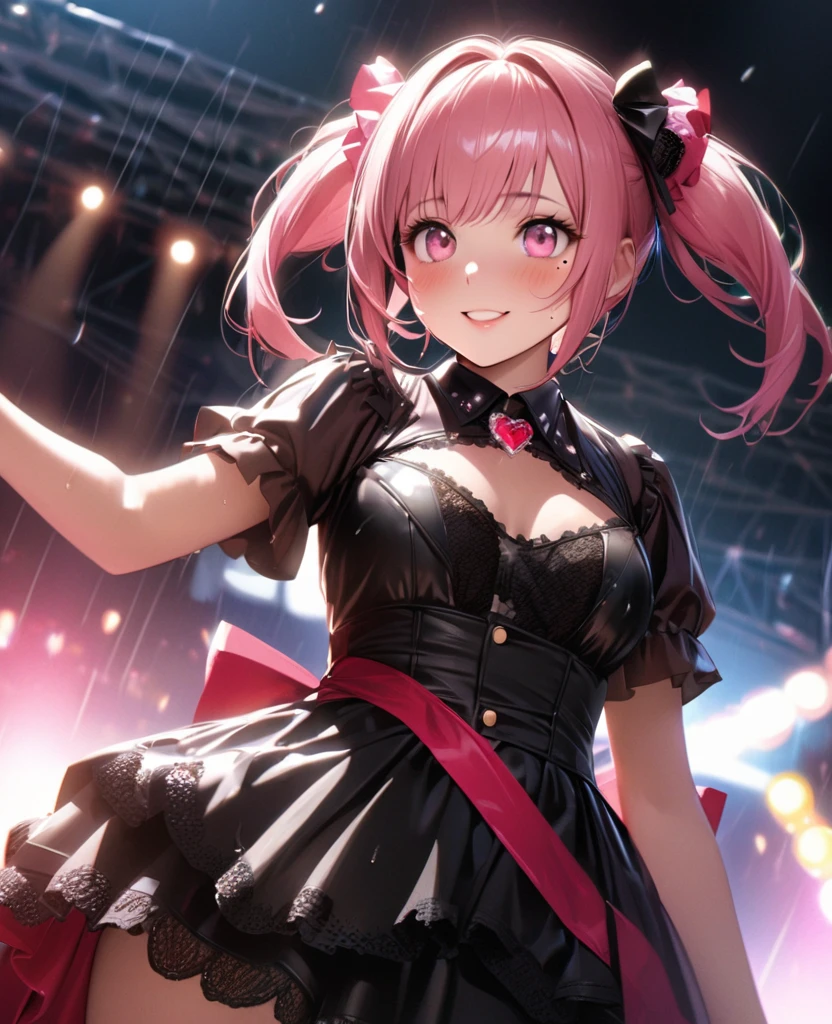 One Girl、Looking at the audience、lovely,
Beautiful pink eyes、short twin tail hair , Mole under the eye、Plump and glossy lips、Heart-shaped choca、Idol、Her name is Rico,smile、ー、。.。.。.。.。.。.。.。.。.。.。.。.。.。.。.。.。.。.3D、Realistic、
The idol's costume was soaked in the heavy rain, and her chest was wet and transparent.Heavy rain at outdoor concert, Drape clothes、gem、The decoration has been removed、Floral、Lace trim,On a glittering stage、
masterpiece、highest quality、8k、Detailed skin texture、Detailed cloth texture、Beautifully detailed face、Intricate details、Very detailed、
超A high resolution、8k Ultra HD、Film Grain、Best Shadow、delicate、Gazing at the audience、front