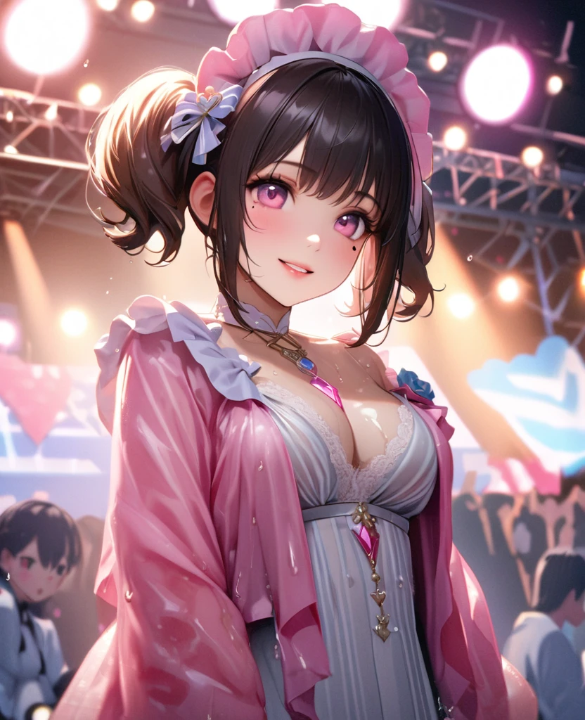 One Girl、Looking at the audience、lovely,
Beautiful pink eyes、short twin tail hair , Mole under the eye、Plump and glossy lips、Heart-shaped choca、Idol、Her name is Rico,smile、ー、。.。.。.。.。.。.。.。.。.。.。.。.。.。.。.。.。.。.3D、Realistic、
The idol's costume was soaked in the heavy rain, and her chest was wet and transparent.Heavy rain at outdoor concert, Drape clothes、gem、The decoration has been removed、Floral、Lace trim,On a glittering stage、
masterpiece、highest quality、8k、Detailed skin texture、Detailed cloth texture、Beautifully detailed face、Intricate details、Very detailed、
超A high resolution、8k Ultra HD、Film Grain、Best Shadow、delicate、Gazing at the audience、front