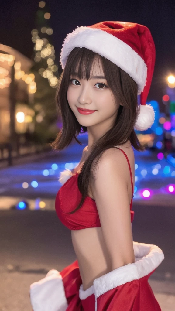 A Santa bikini girl sitting on chimney on top of a house wearing Santa hat, light smile, night, snow fall, beautiful detailed eyes, long eyelashes, beautiful detailed lips, sparkling jewelry, golden long hair, tanned skin, (detailed,crisp:1.1) textures,(photo-realistic:1.37) rendering, artistic masterpiece, (reddish brown) brick chimney, body covered with snow
