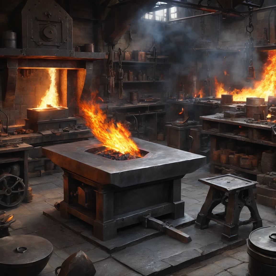 (best quality)), ((masterpiece)), ((realistic,digital art)), (super detailed), fantasy, inside a forge, anvil, burning metal