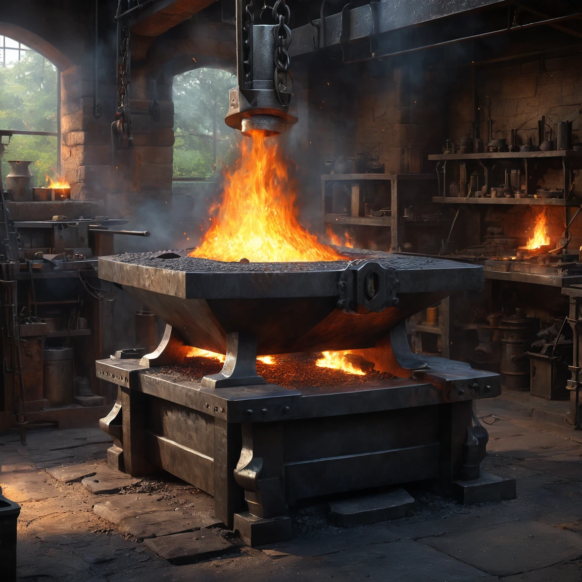 (best quality)), ((masterpiece)), ((realistic,digital art)), (super detailed), fantasy, inside a forge, anvil, burning metal