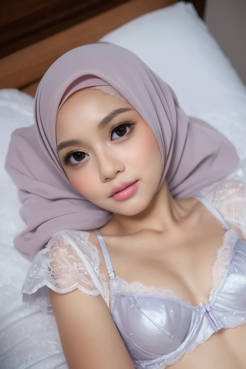 ((SLEEPING BEAUTY)), ((EYES WIDE )), ((OPEN BIG HUGE EYES)), ((FULL LACE)), Very Thin body (Wearing Bra Lingerie), (((HIJAB MALAY GIRL))), masutepiece, High quality, UHD 32K, Realistic face, Realistic skin feeling , A Malay Lady, 8 years old, , Very cute and baby-like face, (((FLAT CHEST))), (MATRIX WORLD), ((look In front  at the camera and SADNESS)), ((())), (((CUTE GIRL))), ((SILVER LIPS)), ((BROWN)), (naked undress). WEAR BRA LINGERIE, purple, lace