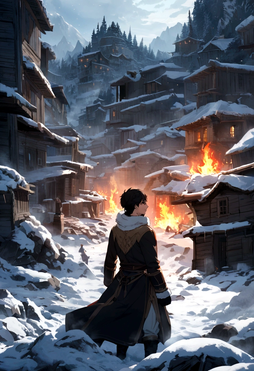 An epic scene where, in the middle of a destroyed and cold village, covered in dense snow, the protagonist, a young man with dark hair and glowing golden eyes, bruised by the confrontation, awakens the power of fire