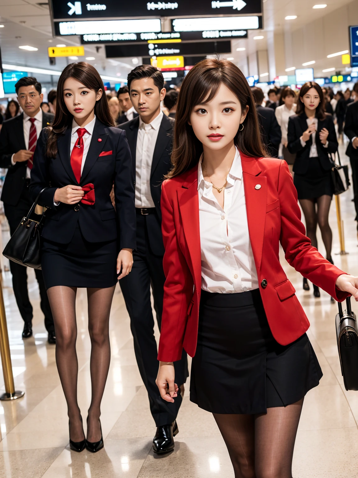 {{Mature Woman, White people}}, View your viewers, Hazel Eyes, Very detailed, Medium chest, Brown Hair, airport, flight attendant, uniform, A nice red blazer, Red nice tie, Black Skirt, mini skirt, ペンシルmini skirt,Black Pantyhose、 Red nice high heels, Happy, 最high quality, high quality, Very detailed anime screencap, {{{{Crowded, Multiple Girls, Thousands of sisters, Millions of sisters,Billions of Sisters, clone, Doppelganger, Matching outfits, Matching hairstyle}}}}, Matte black pantyhose、whole body