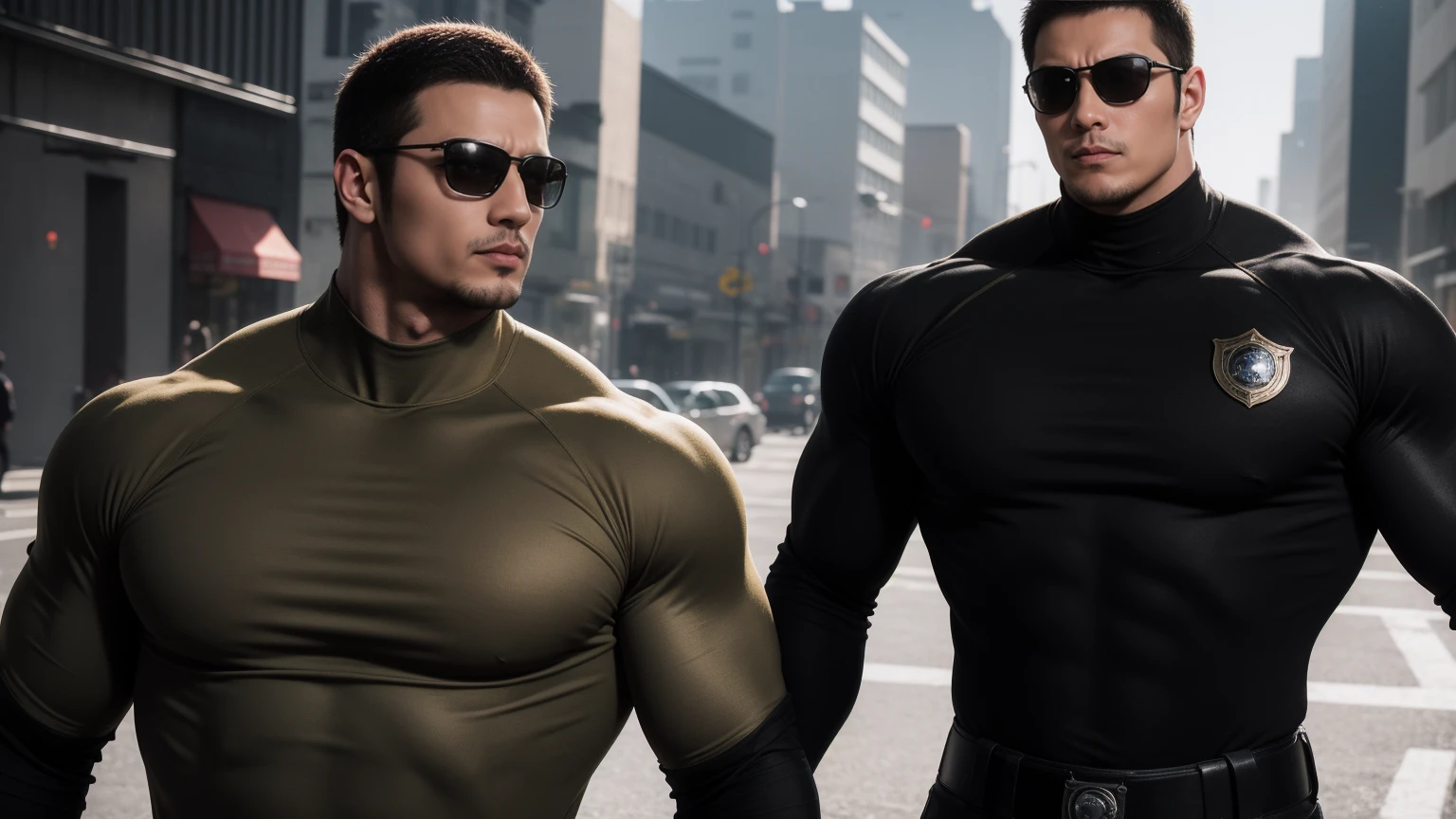 Super muscular man hugging, Sad eyes,Wear sunglasses,They embrace affectionately,short hair,On a vintage outdoor street under the hot sun, Wear long sleeves, Deep turtleneck bodysuit, Thickened warm elastic texture,The clothes are dirty,There are mud stains,Looks sad, Thick thighs, messy hair, Thick thighs, High target-necked long-sleeved dark yellow high-necked tights, very tight, Regular symmetrical pattern, High targetlight muscles, Police uniform pants, character concept(Resident Evil - chris redfield, chris redfield)A proud expression, Deep and charming eyes, Valiant male pose, tall Burly, muscular!muscular thighs, Tough Guy, Perfect facial features, High target, Burly, Heqiang, Super exquisite and cool, High target Resolution Committee, Attractive, The sun is blazing, Dazzling