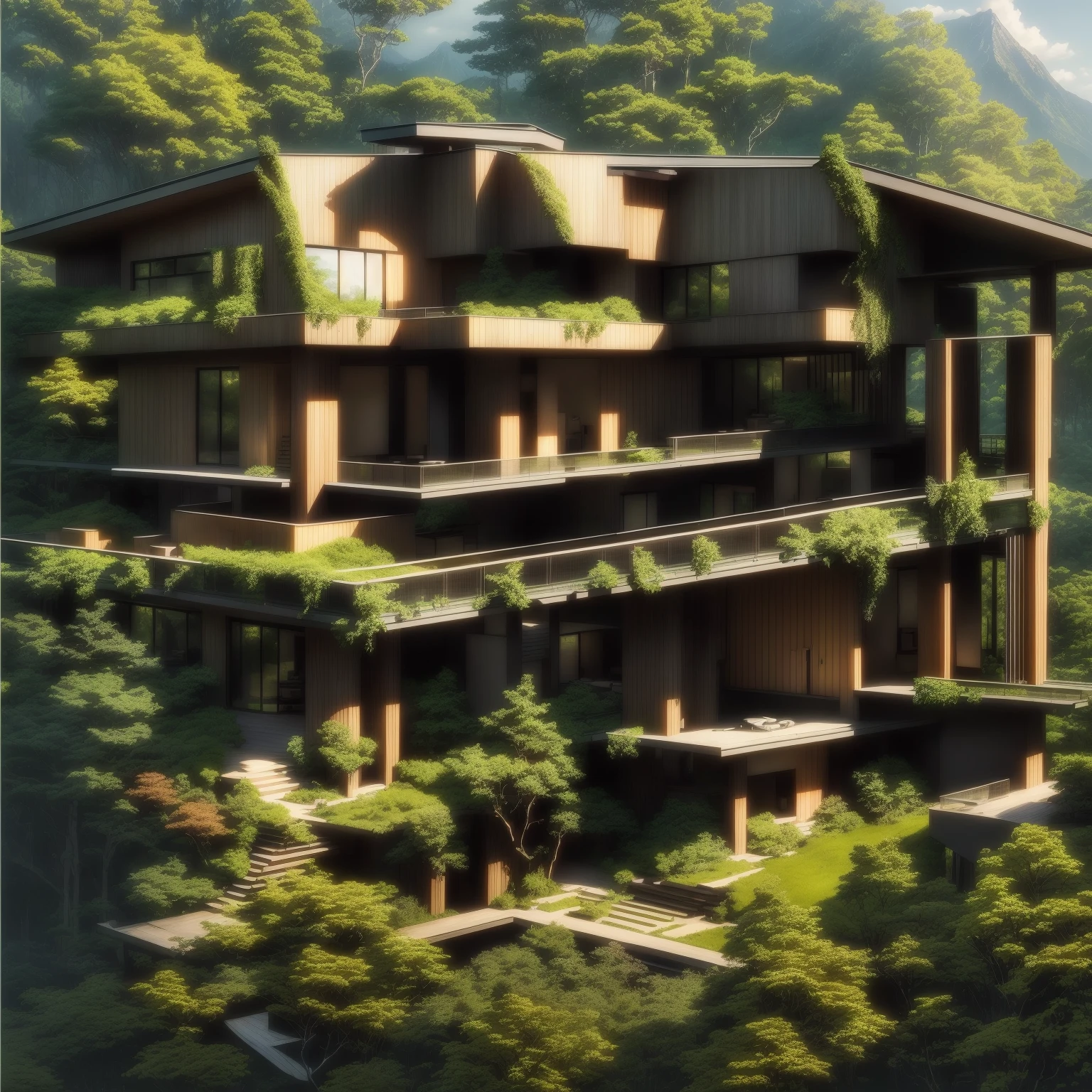 arafed house with a large deck and a mountain view, peaceful wooden mansion, amidst of nature fully covered, modern house in the wood, dense with greenery, large modern residence, beautiful house on a forest path, arhitectural shot, house in forest, beatiful house, build in a forest near of a lake, rich house, contemporary house