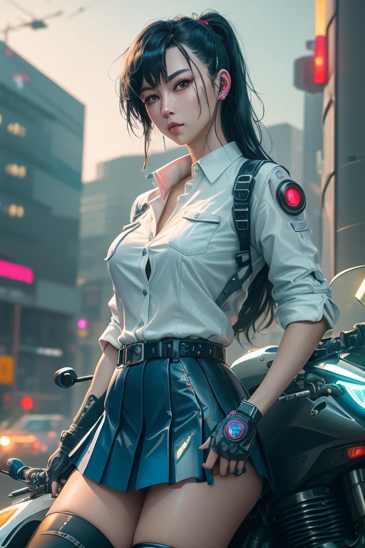 Digital Cyberpunk Art、Highest quality、Ultra-high quality CG Unity 8K、Black Hair Semi-Long、Mechanics、Shiny、Wear a cyberpunk white collared button-up shirt、Wear a cyberpunk navy blue short box pleated skirt、Japanese 、Riding on motorcycle、CBR400Rに乗る、Drive on the highway