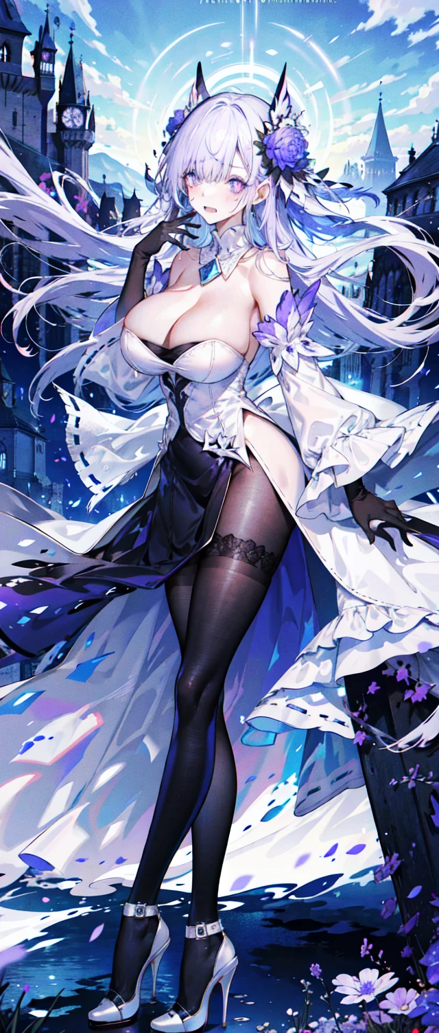 ((masterpiece:1.4,best quality)),(Super detailed),(Extremely detailed eyes),(Shiny socks:1.5),Hello Darkness
(Cute girls),,(Blood-red pupils,Diamond-shaped pupil:1.15),Purple Eyeshadow,(elongated hair,Thick hair,Single ponytail,shiny hair:1.5)(Changes through:1.2),despair,sad,Empty eyes,tears streaming down my face,tilting its head to the side,
(She wore a blue dress,:1.5),(Black gloves:1.4)Very long plush sleeves,White,White Cloud,Dream bubbles ,Ice and glitter effects
(Black long skirt:1.1),
((Starry Sky:1.2)),
(Intense black and white:1.16),(Depth of Field:1.4),,Intricate details,(((Detailed background,Castle in the Sky,Purple flowers by the lake))),(((Huge breasts,Bare breasts,Deep cleavage,White stiletto high heels)))