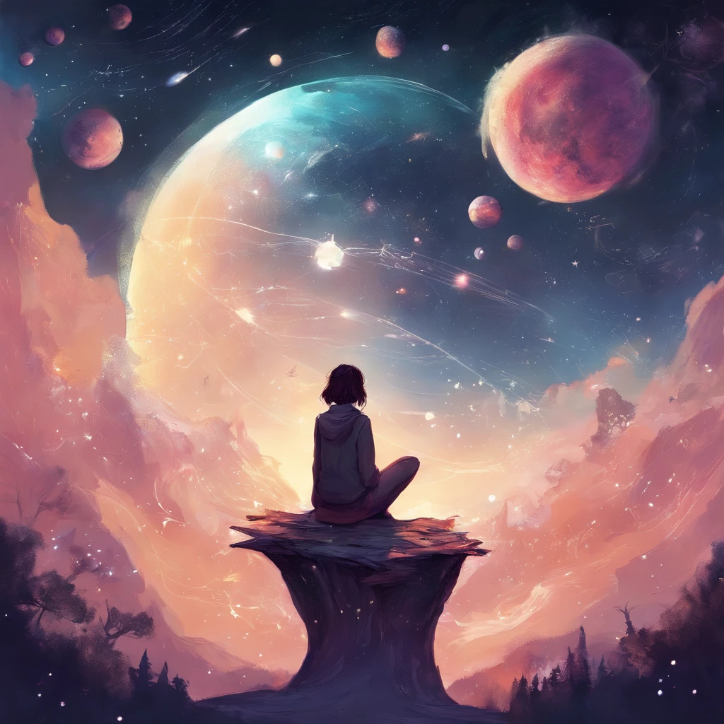 The girl diligently draws on paper, sticking out the tip of his tongue, sitting on a small planet in space, Stars and little fairies fly around