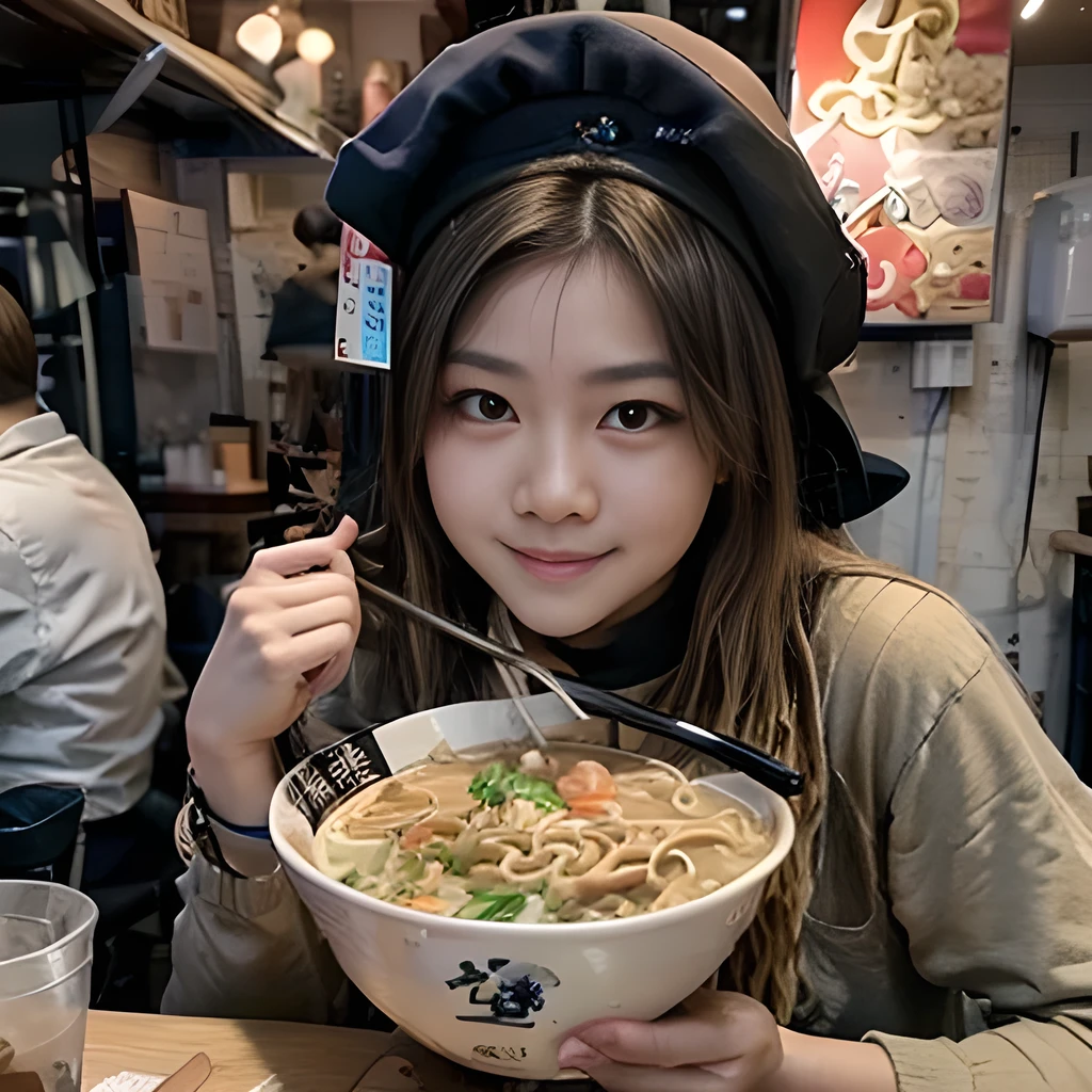 8K, ultra detailed, (realistic:1.2), masterpiece, 40yo, (ramen:1.4), BREAK, A woman wearing a black polo shirts and a white bandana on his head, (muscular, fat:1.0), BREAK Ramen restaurant,(smile:1.3), BREAK (ramen is nearly by the woman:1.2),(smile:1.2)