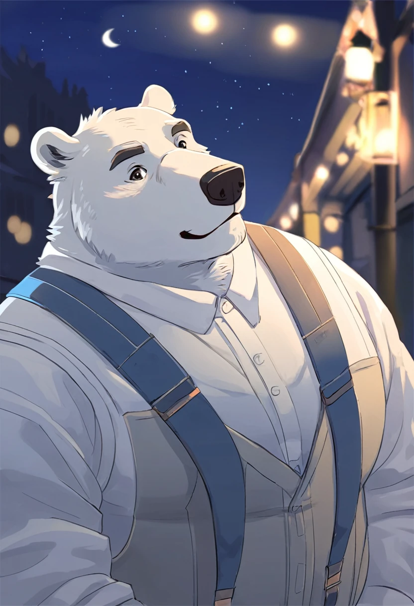 Polar Bear，personification，Mature man，White vest，Blue suspenders，night，Site background（1.2）