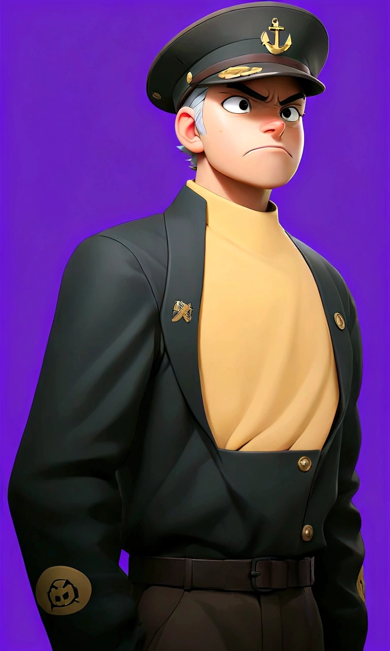 (1girl:1.3), (exceptional, best aesthetic, new, newest, best quality, anime, waifu:1.2), master piece, best quality, ultra detailed, absurdres, highres, colored, good anatomy, pretty face, grey hair, no beard, no mustache, big breast, sexy, exposed breast, military uniform, peak cap, ribbon, anchor insignia on the cap, shirt buttons,