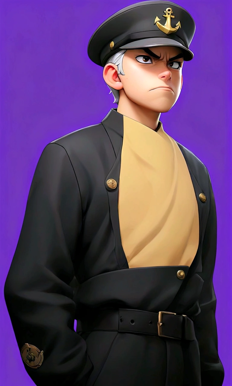 (1girl:1.3), (exceptional, best aesthetic, new, newest, best quality, anime, waifu:1.2), master piece, best quality, ultra detailed, absurdres, highres, colored, good anatomy, pretty face, grey hair, no beard, no mustache, big breast, sexy, exposed breast, military uniform, peak cap, ribbon, anchor insignia on the cap, shirt buttons,