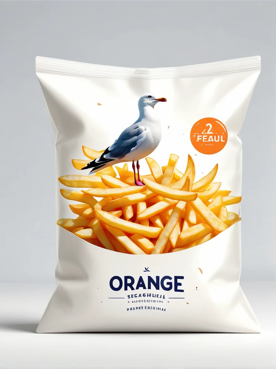 Design a modern Seagull and French Fries packaging, Focus on flat illustration of seagull and french fries，Highlight its rich nutritional content. The background should be clean and white, Emphasis on simple and practical aesthetics. The packaging should be visualized as a smooth plastic bag, Pursuit of high definition. The design should be simple and practical, Shoot in natural light，To enhance its professionalism and attractiveness, Highlighting the freshness and health benefits of orange juice.