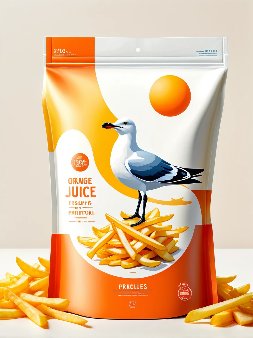 Design a modern Seagull and French Fries packaging, Focus on flat illustration of seagull and french fries，Highlight its rich nutritional content. The background should be clean and white, Emphasis on simple and practical aesthetics. The packaging should be visualized as a smooth plastic bag, Pursuit of high definition. The design should be simple and practical, Shoot in natural light，To enhance its professionalism and attractiveness, Highlighting the freshness and health benefits of orange juice.