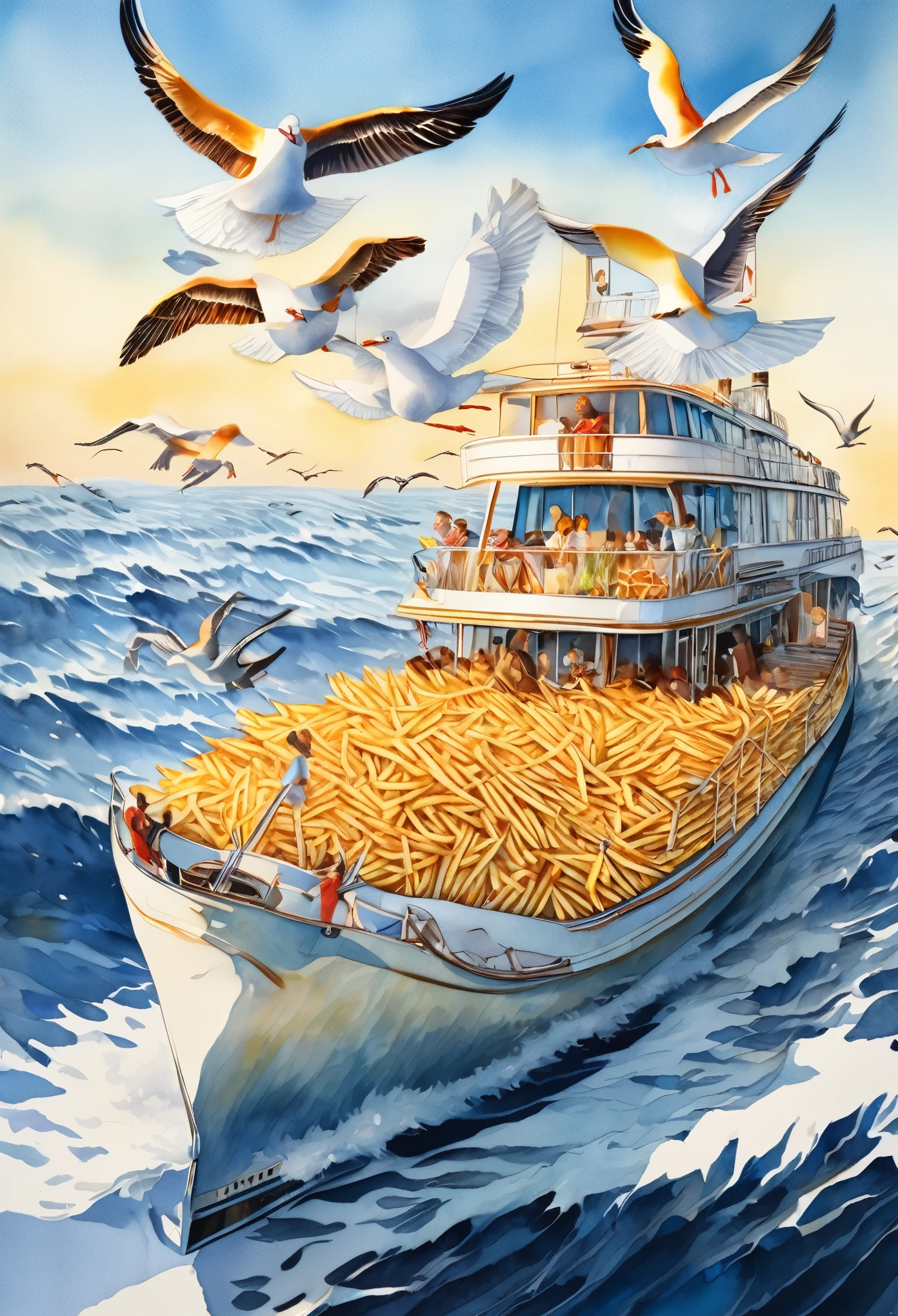 best quality, super fine, 16k, extremely detailed, 2.5D, delicate and dynamic, on a cruiser at sea, watching seagulls through binoculars while eating french fries, fusion of watercolors and oil paintings, fusion of paper cutting and shadow puppetry, three-dimensional effect expressed by light and shade, eye-catching effects, wind, wind effects