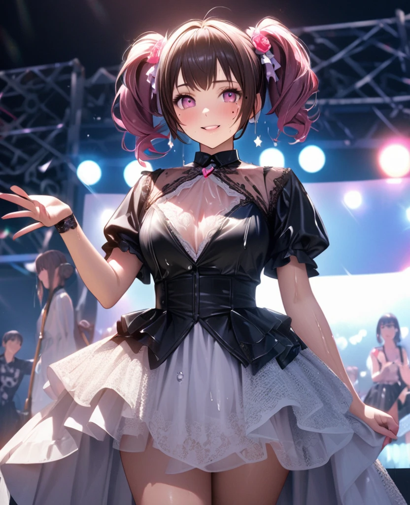 One Girl、Looking at the audience、lovely,
Beautiful pink eyes、short twin tail hair , Mole under the eye、Plump and glossy lips、Heart-shaped choca、Idol、Her name is Rico,smile、ー、。.。.。.。.。.。.。.。.。.。.。.。.。.。.。.。.。.。.3D、Realistic、
The idol's costume was soaked in the heavy rain, and her chest was wet and transparent.Heavy rain at outdoor concert, Drape clothes、gem、The decoration has been removed、Floral、Lace trim,On a glittering stage、
masterpiece、highest quality、8k、Detailed skin texture、Detailed cloth texture、Beautifully detailed face、Intricate details、Very detailed、
超A high resolution、8k Ultra HD、Film Grain、Best Shadow、delicate、Gazing at the audience、front