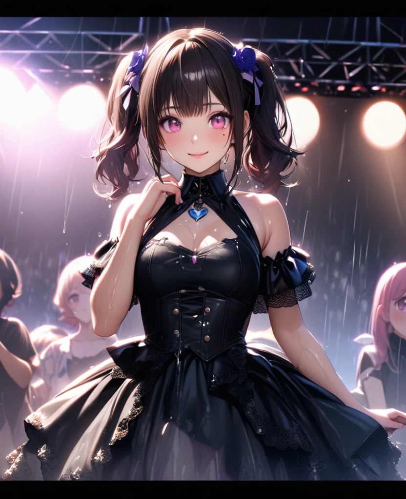 One Girl、Looking at the audience、lovely,
Beautiful pink eyes、short twin tail hair , Mole under the eye、Plump and glossy lips、Heart-shaped choca、Idol、Her name is Rico,smile、ー、。.。.。.。.。.。.。.。.。.。.。.。.。.。.。.。.。.。.3D、Realistic、
The idol's costume was soaked in the heavy rain, and her chest was wet and transparent.Heavy rain at outdoor concert, Drape clothes、gem、The decoration has been removed、Floral、Lace trim,On a glittering stage、
masterpiece、highest quality、8k、Detailed skin texture、Detailed cloth texture、Beautifully detailed face、Intricate details、Very detailed、
超A high resolution、8k Ultra HD、Film Grain、Best Shadow、delicate、Gazing at the audience、front