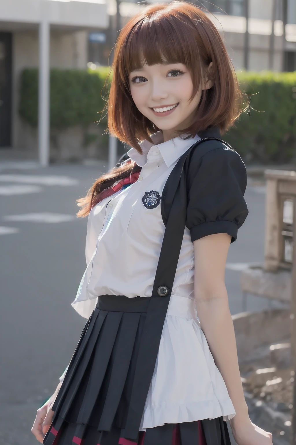 ​masterpiece, (school uniform:1.3), japanaese girl, absurderes, hight resolution, ultra-detailliert, depth of fields, ​masterpiece, extremely detailed CG, 3D Photography, 3D background, Unity, 8K, Hi-Res, top-quality, shadowy, sharp focus, medium breast, (short bob, Patsun), (red hair color), (red hair:1.3), pale-skinned, (Patsun:1.4), A detailed eye, blurry backround, dynamic angle, (happy smile:1.5), Look at viewers, superclear, curvaceous girl, blue eyes,