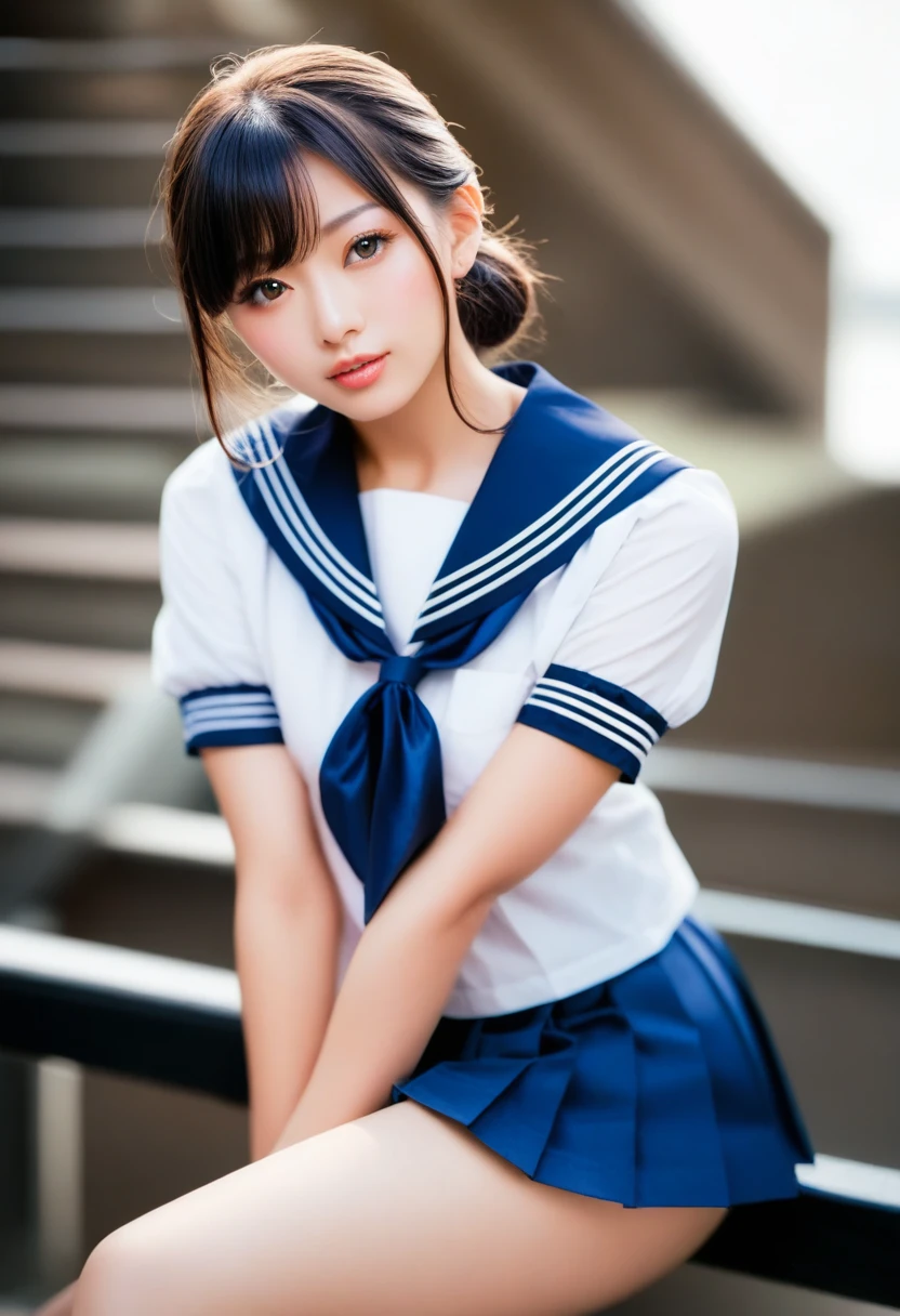 score_9, score_8_up, score_7_up, (best quality, realistic), Highest quality, Beautiful model woman, Japanese, cute, Detailed face,  Idol,  Japan in a sailor suit, Mini Pleated Skirt, Beautiful face, Beautiful eyes