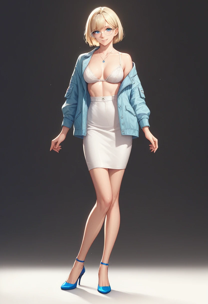 beautiful woman, solo, full body, standing, medium bob cut blonde hair, light blue eyes, two points glasses, medium breasts, blue opened jacket, white blouse, white long flare skirt, beautiful knee, blue high heels, soft smile, perfect hands with 5 fingers, black background, no background