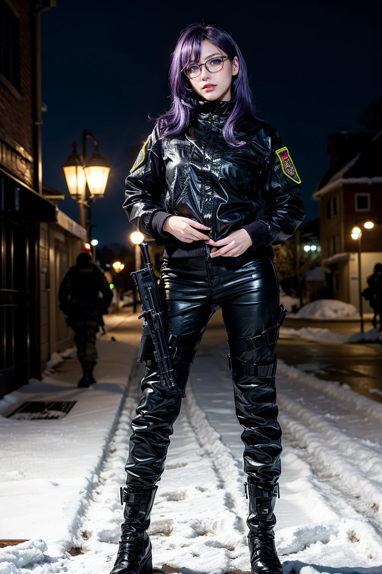 1 girl, beautiful purple hair, blue eyes detailed, wearing glasses, military, wearing military tactical gear, black military jacket, black military pants, plack military boots, winter, night, city, snow, realistic, ultra-detailed, HDR, 4k, full body, realistic lighting and contrast