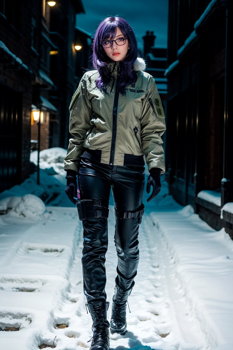 1 girl, beautiful purple hair, blue eyes detailed, wearing glasses, military, wearing military tactical gear, black military jacket, black military pants, plack military boots, winter, night, city, snow, realistic, ultra-detailed, HDR, 4k, full body, realistic lighting and contrast