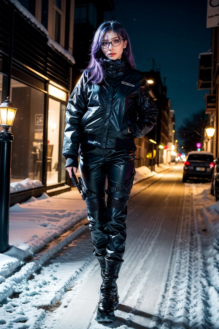 1 girl, beautiful purple hair, blue eyes detailed, wearing glasses, military, wearing military tactical gear, black military jacket, black military pants, plack military boots, winter, night, city, snow, realistic, ultra-detailed, HDR, 4k, full body, realistic lighting and contrast