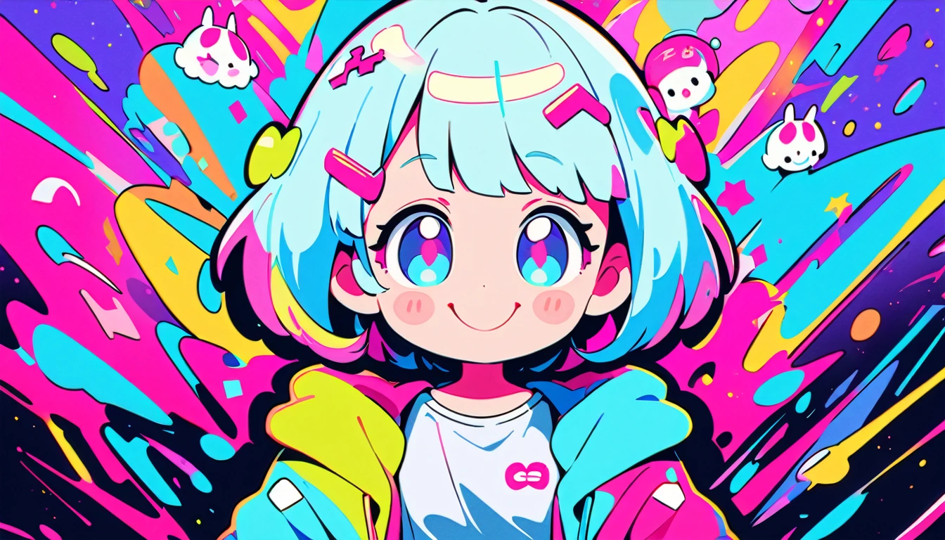 Vibrant art,pop、bright、colorful, 1 female, Light blue hair, short hair、Happy,cute, animation style, kawaii, clearly, colorful cyberpunk, bubblegum pop, cute、Pink and light blue as main colors、I'm cheering loudly、 Headphonesをしている、Headphones、music、