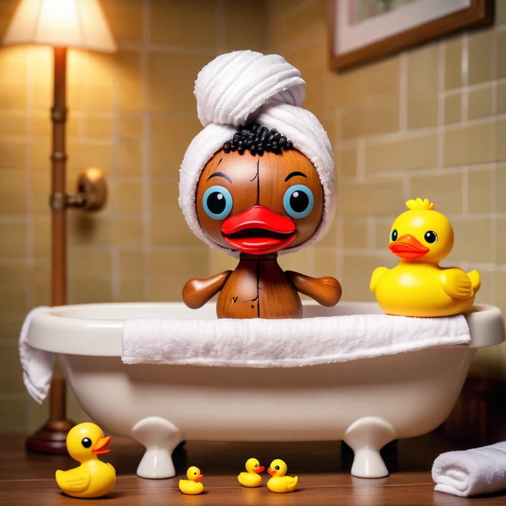 (knitted toy voodoo doll:1.0), Voodoo in the bath, with a towel on his head, bathroom background, rubber duck in his hand, best quality, masterpiece, detailed soft oil painting, detailed background, dramatic cinematic lighting, soft edge lighting, professional, dramatic lighting, hard edge lighting, ultra quality, 4k, masterpiece, best quality, 8k, ultra high definition, high resolution, extremely detailed
