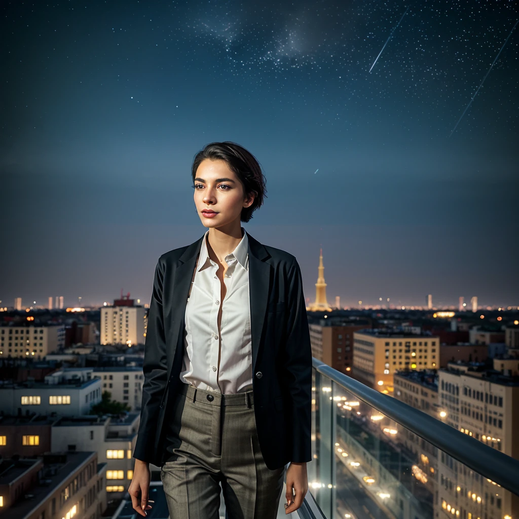 Imagine a tall, graceful girl with chic short hair that just brushes her shoulders. She’s dressed in stylish American overtime attire, which could include a sleek blazer and tailored pants that exude confidence and sophistication. She stands atop a nine-story building in Zaporizhzhia, the city lights casting a soft glow around her. The night sky above is clear, dotted with stars, and the gentle breeze plays with her hair. The lighting from the building and the city below gives the scene an ethereal quality, perfect for capturing in your artwork.