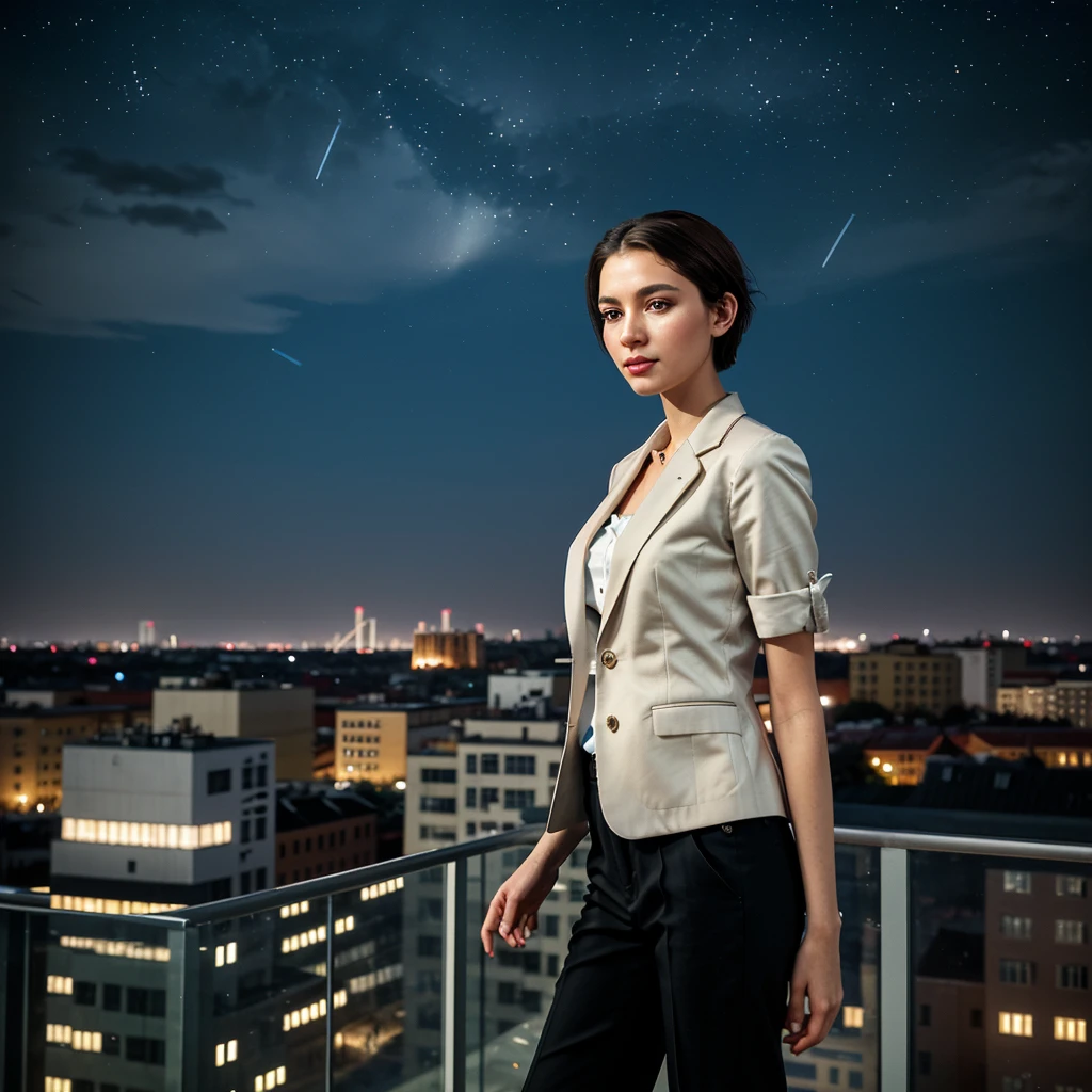 Imagine a tall, graceful girl with chic short hair that just brushes her shoulders. She’s dressed in stylish American overtime attire, which could include a sleek blazer and tailored pants that exude confidence and sophistication. She stands atop a nine-story building in Zaporizhzhia, the city lights casting a soft glow around her. The night sky above is clear, dotted with stars, and the gentle breeze plays with her hair. The lighting from the building and the city below gives the scene an ethereal quality, perfect for capturing in your artwork.