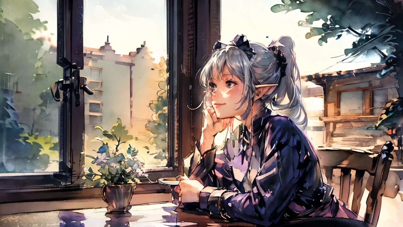 ((4K,masterpiece,Highest quality)), Inside a coffee shop at night、Sitting in his seat, resting his chin on his hand、Look at me and smile、A silver-haired elf girl in a ponytail wearing a purple maid outfit、Blueberry shortcake on the table、Rough watercolor in anime style