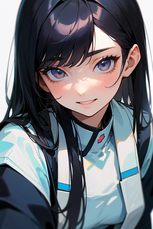 (Highest Resolution, clear_image) Highest quality, One Woman, alone, masterpiece, Very detailed, Semi-realistic, Black Hairのショートヘア, Black Hair, bangs, 18-year-old, mature, light blue uniform, uniform, 私ndoor Background, kind, Authoritative, Powerful, exquisite features, exquisite features、Eyelashes become longer、Showing teeth、smile😀、White nurse uniform、Long Hair、Inside the hospital