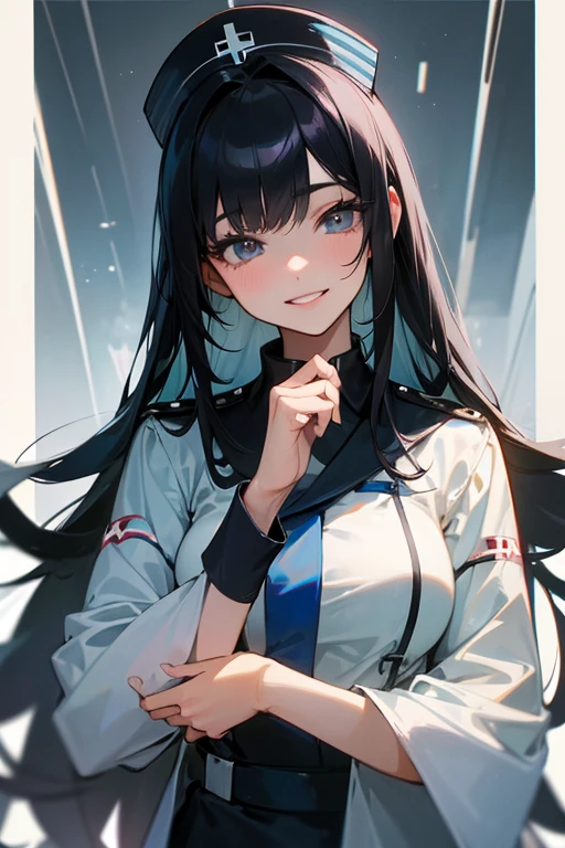 (Highest Resolution, clear_image) Highest quality, One Woman, alone, masterpiece, Very detailed, Semi-realistic, Black Hairのショートヘア, Black Hair, bangs, 18-year-old, mature, light blue uniform, uniform, 私ndoor Background, kind, Authoritative, Powerful, exquisite features, exquisite features、Eyelashes become longer、Showing teeth、smile😀、White nurse uniform、Long Hair、Inside the hospital