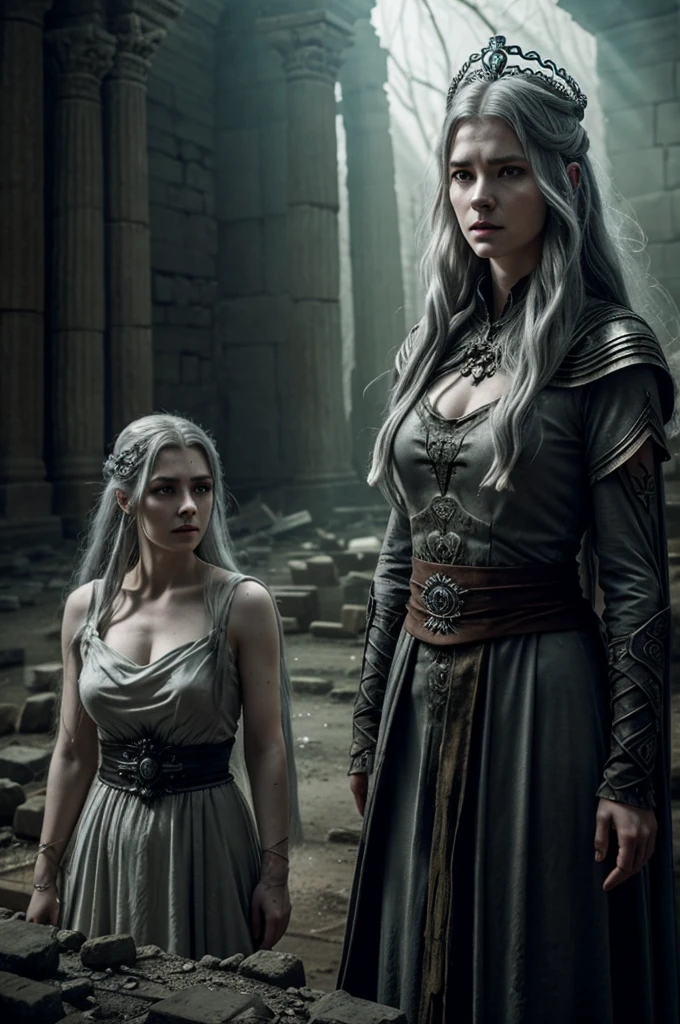 A fallen goddess and big boss style Marika from Elden Ring, wearing a long worn dress, broken crown, ash gray hair, dull eyes, pale skin and scars, in an ancient and ruined temple, with a dark and oppressive atmosphere, radiating a faint spectral halo, surrounded by powerful auras and glowing runes.