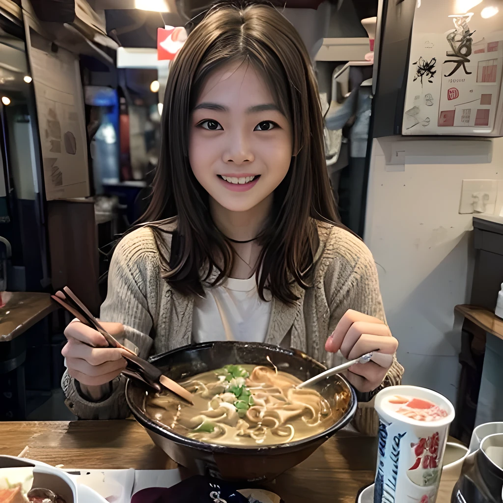 
8K, ultra detailed, (realistic:1.2), masterpiece, 40yo, (ramen:1.4), BREAK, A woman wearing a cardigan, (muscular, fat:1.0), BREAK Ramen restaurant,(smile:1.3), BREAK (ramen is nearly by the woman:1.2),(laugh:1.4)