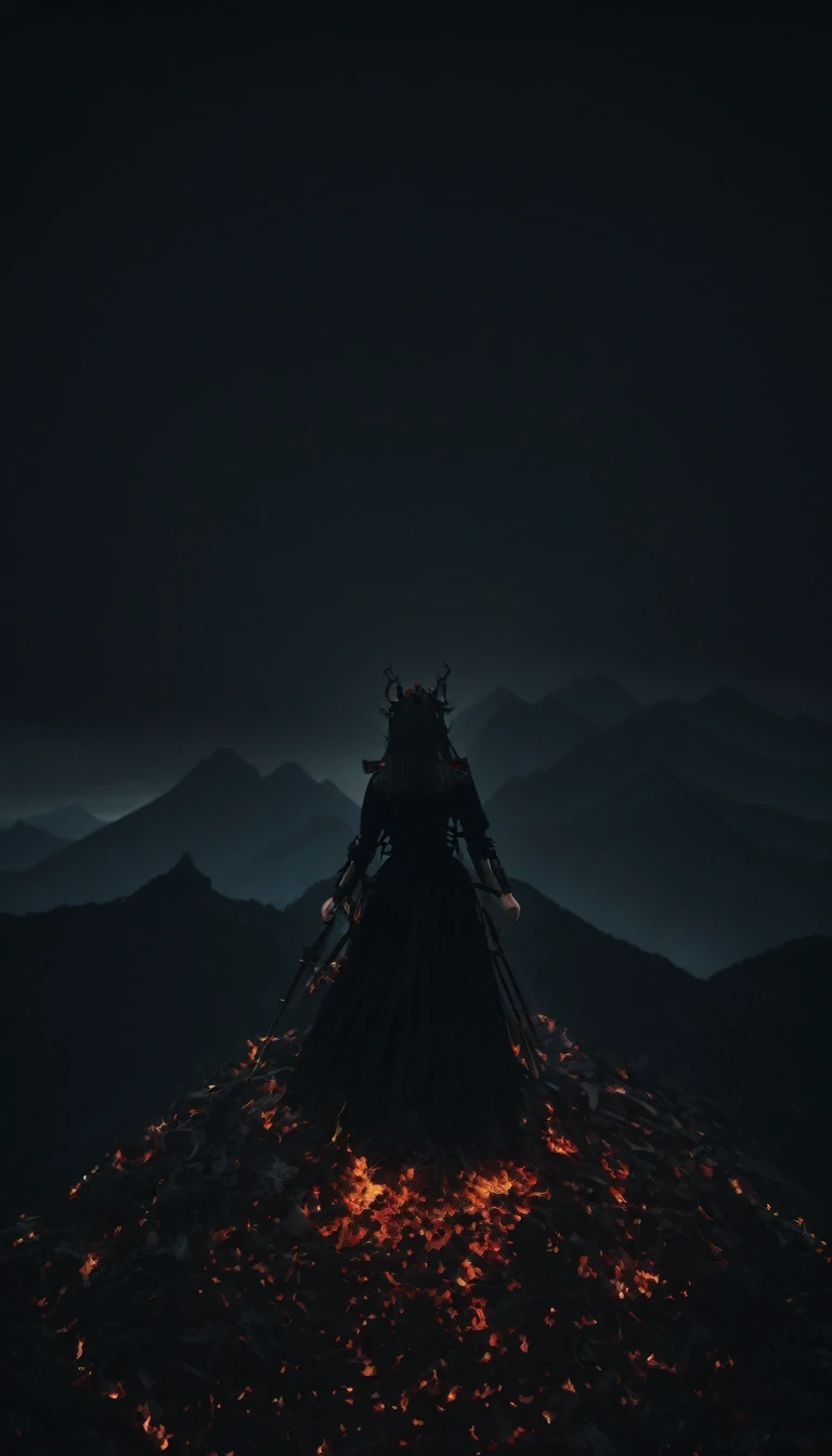 (black:1.3)View your viewers,
hell, pain, torment, Lake of Fire, devil, evil, devil, forever, darkness, purgatory, Sinking, soul, bondage, hellの業火, torture, torment, deterioration, endless, curse, abyss, punish, despair, evil thoughts
(One girl:1.3), Adult, National Peak, Hanfu, haze, View your viewers,Long hair blown by the wind,  evening, masterpiece,
analog film photo ethereal fantasy concept art of masterpiece, Dynamic Perspective, Intricate details, Wide-angle, Motion Blur, She was standing on the summit.