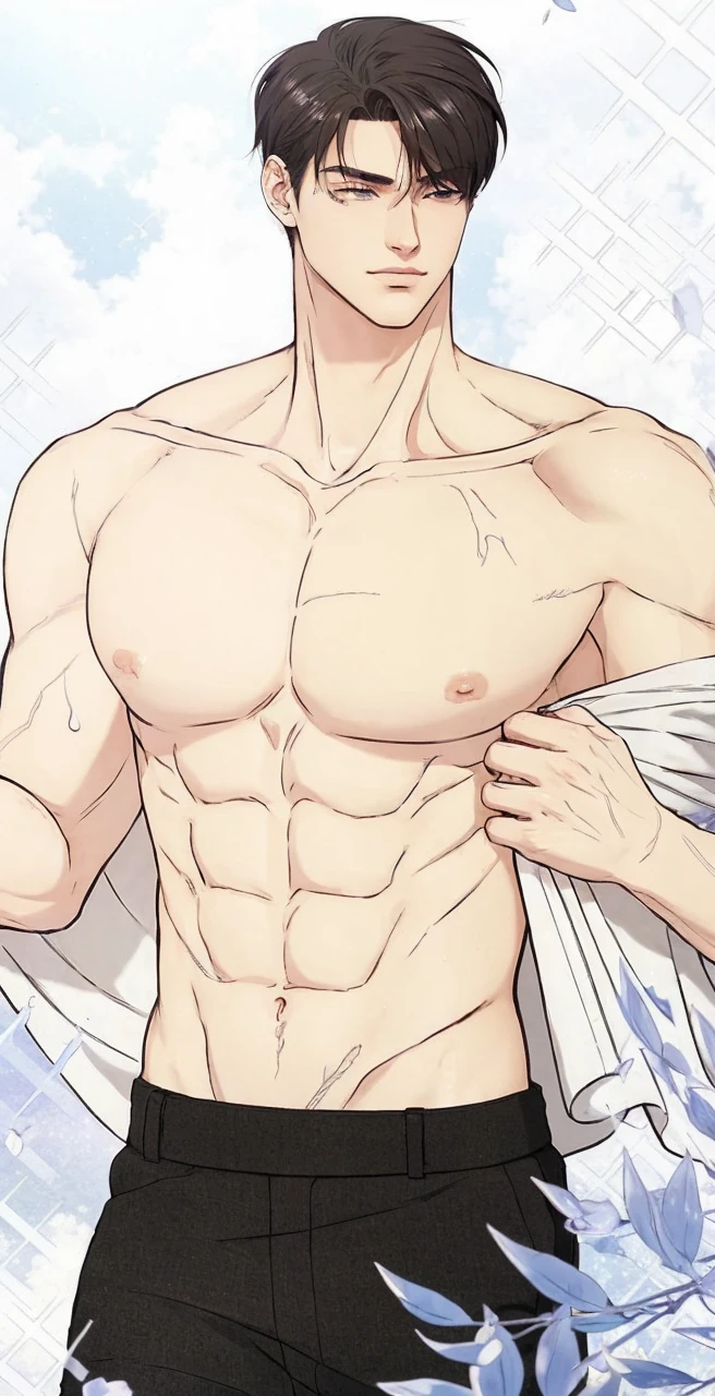 A beautiful anime-style boy with a well-defined sixpack, perfect facial features, detailed eyes, sharp jawline, piercing gaze, intricate hair, glowing skin, dynamic pose, dramatic lighting, vibrant colors, cinematic composition, intricate details, highly detailed, 8k, photorealistic, masterpiece