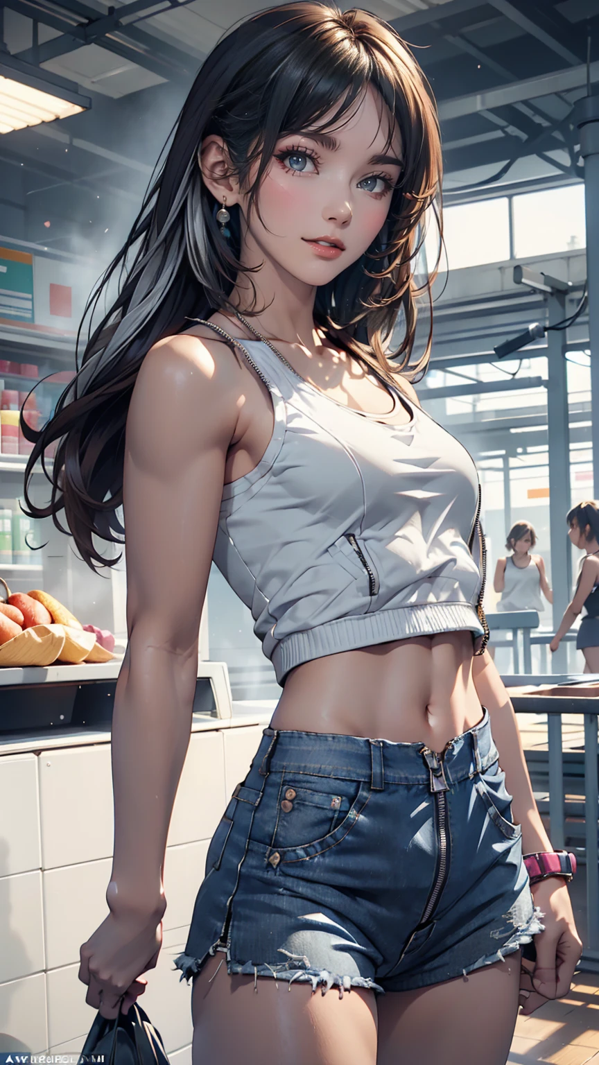 realism: 0.8), 6+ girl, ( girl: 1.4), A neat and clean woman, (Flat Chest: 1.4), (Cheeky Smile: 1.1), (swag: 1.1), camisole, mesh (Tank top: 0.9), (Tube top: 1.1), T-Shirts, Off-the-shoulder crop top, mini skirt, sneakers, Sandals, (denim: 0.9), (Shorts: 0.9), Compression shorts, (hoodie: 1.1), (Track jacket: 1.1), (Windbreaker: 1.1), (Jeans jacket: 1.1), (Unzip: 1.2), Open Front, AEON Shopping、Silver Hair、Twin tails