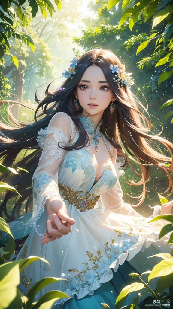 1girl,beautiful woman with long flowing hair,colorful fluttering dress,running through serene garden,swirling iridescent feathers,soft ethereal lighting,detailed eyes,detailed face,detailed lips,extremely detailed eyes and face,long eyelashes,intricate floral patterns,natural scenery,sunlight filtering through leaves,bokeh background,vibrant colors,fantasy,whimsical,magical realism,(best quality,4k,8k,highres,masterpiece:1.2),ultra-detailed,(realistic,photorealistic,photo-realistic:1.37)