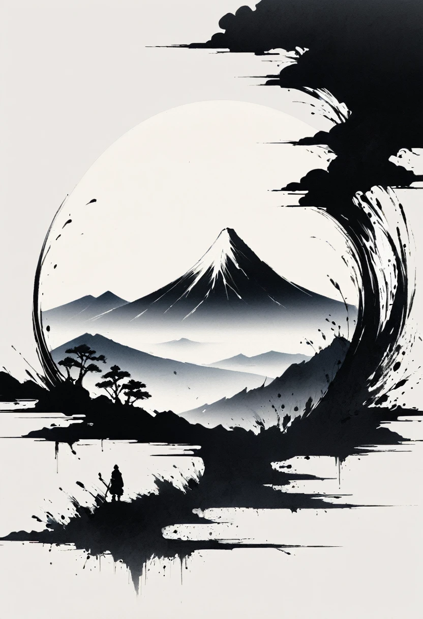 Artistic ink painting,Three-dimensional ink painting,Minimalism,Minimalist graphics,Minimal Art,Clean background,古韵White Space,White Space,大面积White Space,Texture Matte,Low saturation,Minimalist composition,Master composition。Mountain,A person far away