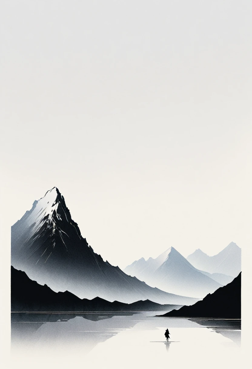 Artistic ink painting,Three-dimensional ink painting,Minimalism,Minimalist graphics,Minimal Art,Clean background,古韵White Space,White Space,大面积White Space,Texture Matte,Low saturation,Minimalist composition,Master composition。Mountain,A person far away