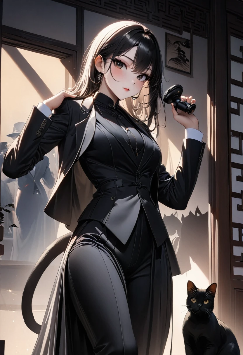 (best quality,4k,8K,high resolution,masterpiece:1.2),Very detailed,(Practical,photoPractical,photo-Practical:1.37),Chinese tailored suits and dresses,Gangsta Girl,Backlight,Deep Shadows,Cat silhouette light,Dominant cat perched on shoulder,Simple and elegant dress,Attractive suit designs,Simple style,Black and White，Tai Chi，Yin Yang style，ink splash style background.