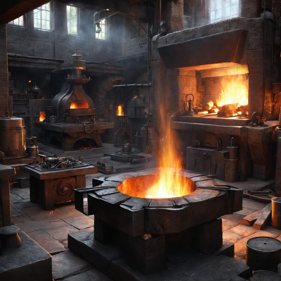 (best quality)), ((masterpiece)), ((realistic,digital art)), (super detailed), fantasy, inside a forge, anvil, furnace