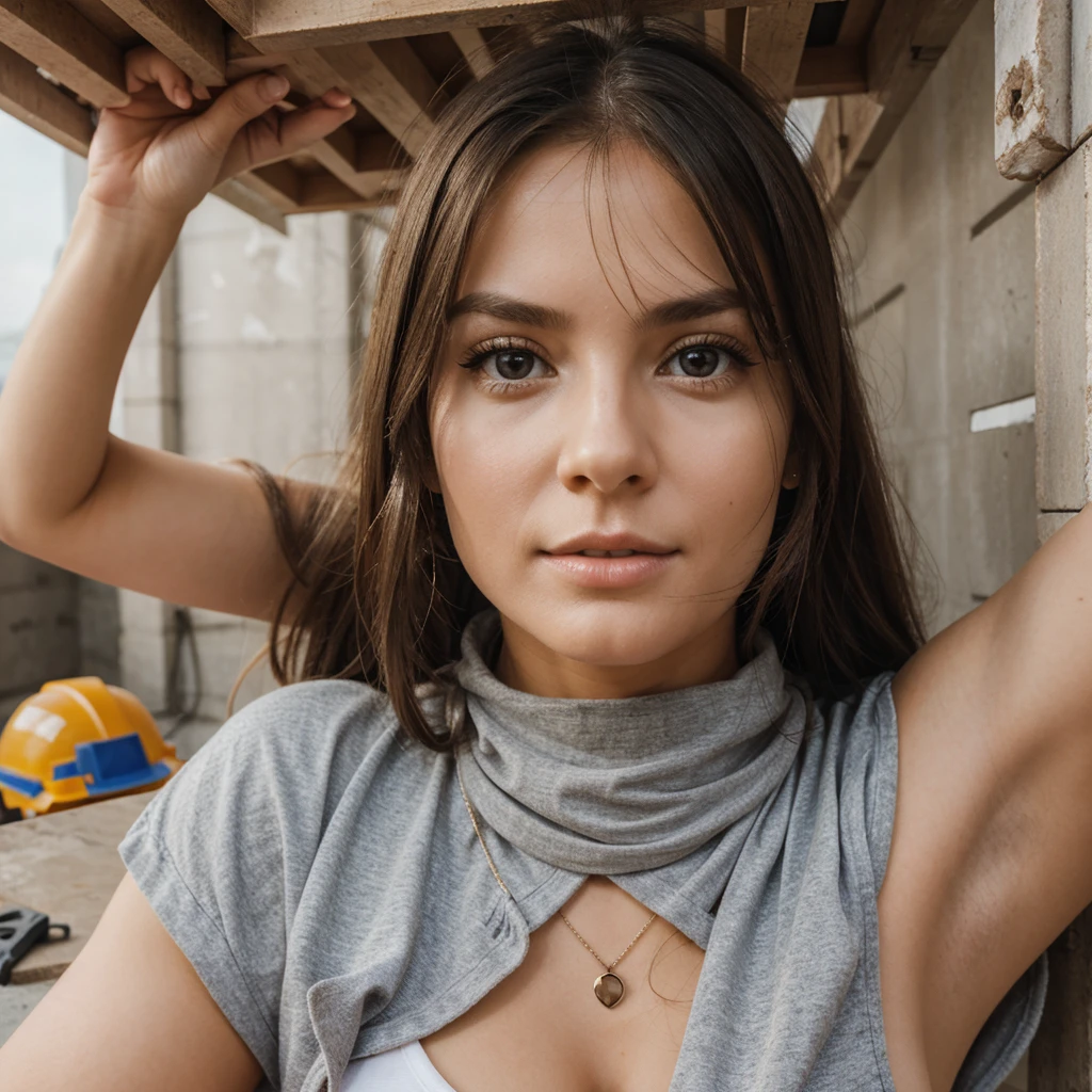 1girl in, 30 years old, Square face, Long hair, Looking at the viewer, jewelry, Reality, Sexy, sexy female construction worker, construction site, free posing